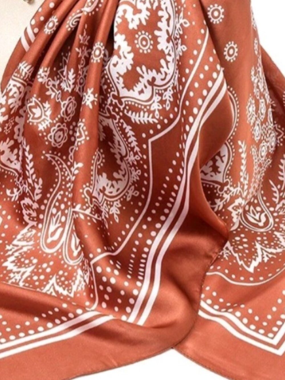 RUST & WHITE Bandana Poly-Silk 27” Square SCARF by ORNAMENTS NEW